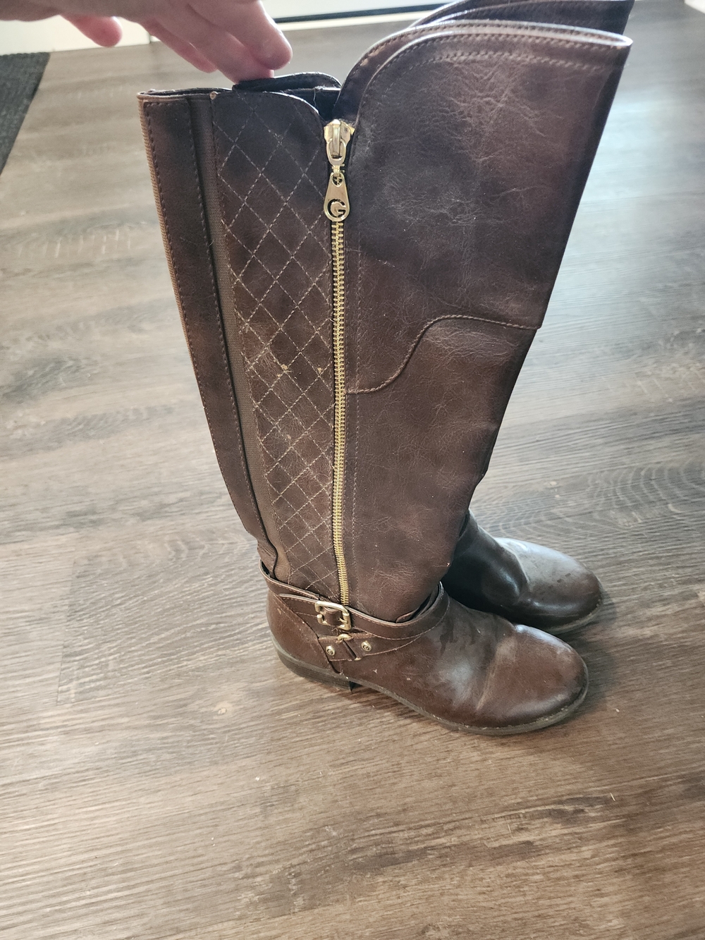 Guess Brown Over-the-Knee Quilted Riding Boots with Gold Zip